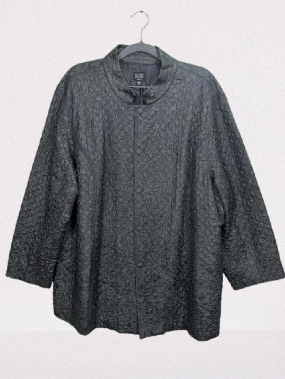 Eileen Fisher Diamond Tussah Silk Quilted Jacket Magnetic Snaps Sz 3X Grey